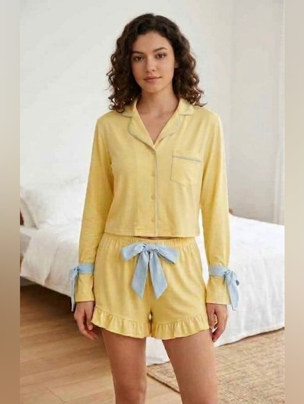 Yellow Long Sleeve Shortie Pajama Set with Blue Accent Bow Ties ** L/XL